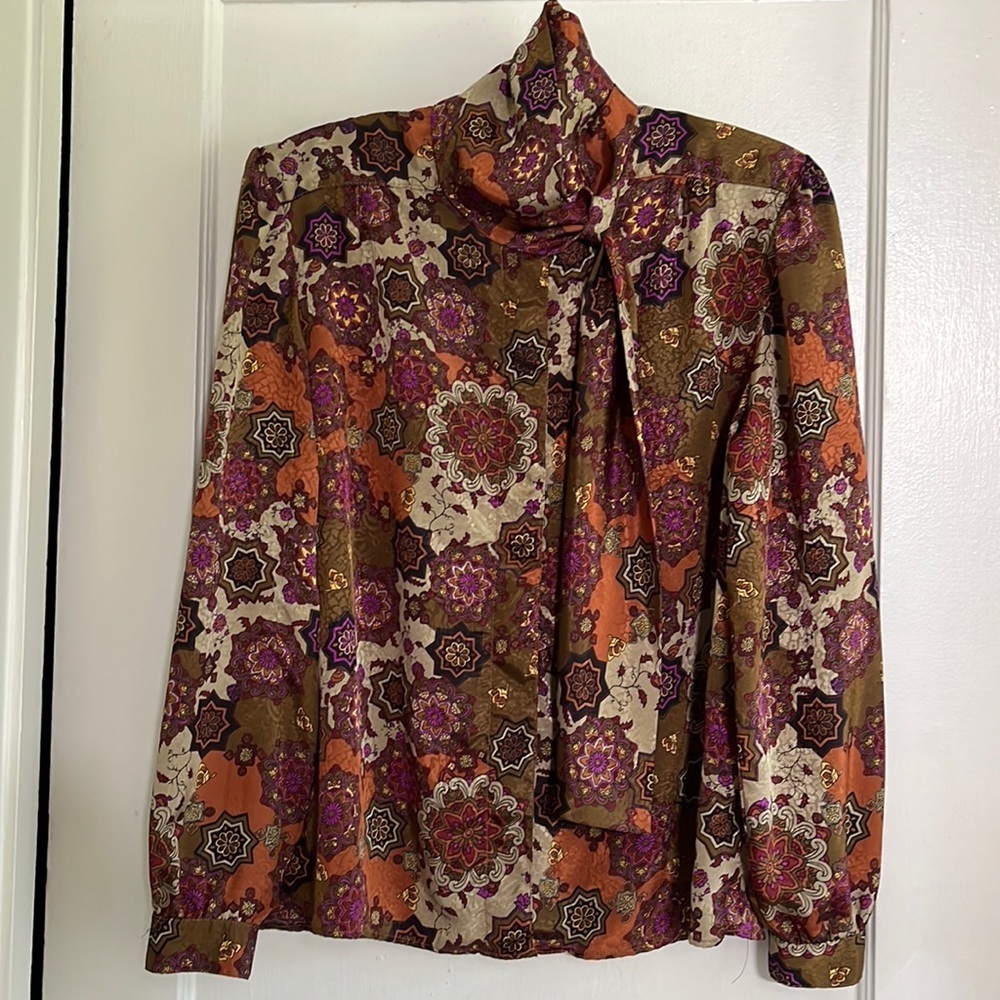 Vintage Gianna Secretary Bow Blouse Flowy Brown Geometric Floral Top